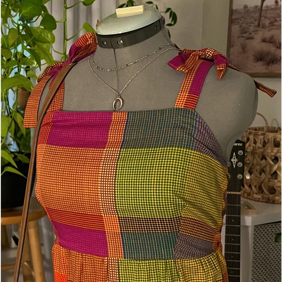 Square Neck Tie Strap Plaid Dress - Size Medium (8-10) - A-Line Cut - Picture 2 of 2